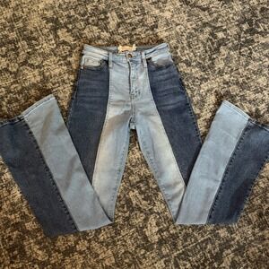 Altar'd State Jeans 26 / 3 Blue Flare High Rise Stretch Women Two Tone Boho NWOT